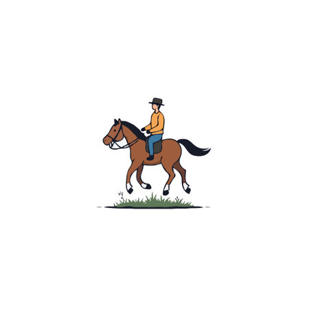 A stylized illustration captures a person riding a brown horse, showcasing the simple joy of connecting with nature and the serenity of horseback riding, the minimalistic design evokes a peacefulのイラスト素材
