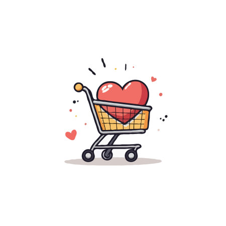Whimsical cartoon illustration showcasing a large red heart nestled within a shopping cart, symbolizing themes of love, retail therapy, or expressing affection through gift-giving. This imageのイラスト素材