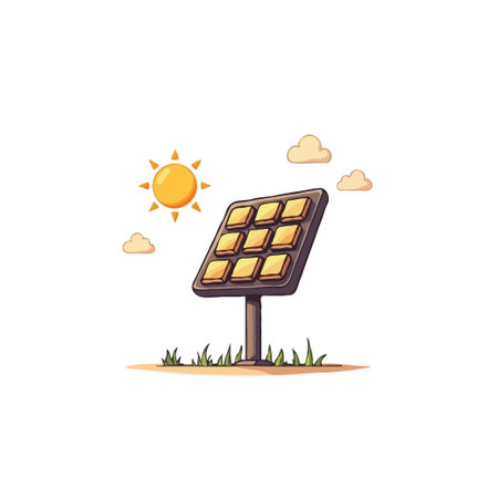 Illustration depicting a solar panel under a radiant sun with fluffy clouds, symbolizing clean and renewable energy solutions for a sustainable future. Focus is on promoting ecological conservationのイラスト素材