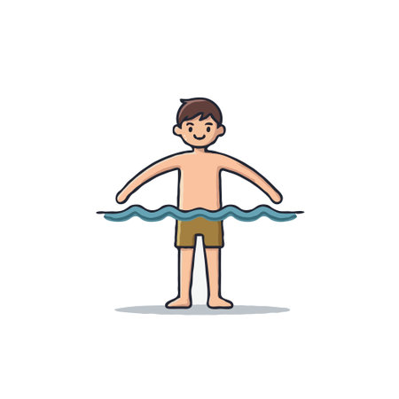 A charming cartoon illustration presents a cheerful boy enjoying a refreshing dip in the water. The undulating waves, the boy's joyful expression, and the simple yet engaging design make it perfectのイラスト素材