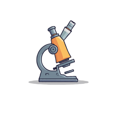 A stylized illustration features a classic microscope with grey metal and a yellow body. It represents scientific exploration, research, and discovery, and would be suitable for educational orのイラスト素材