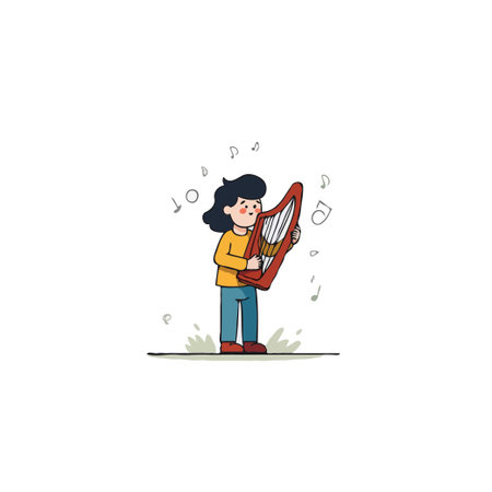 A young girl stands gracefully playing a harp, surrounded by gentle musical notes floating in the...
