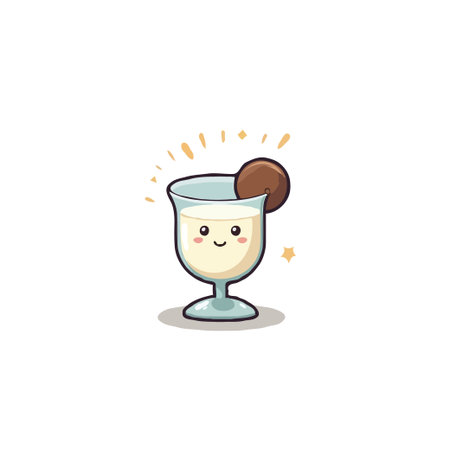This endearing illustration depicts a cheerful glass brimming with a creamy beverage, adorned with a whimsical chocolate ball. A delightful and charming image suitable for use in a variety ofのイラスト素材