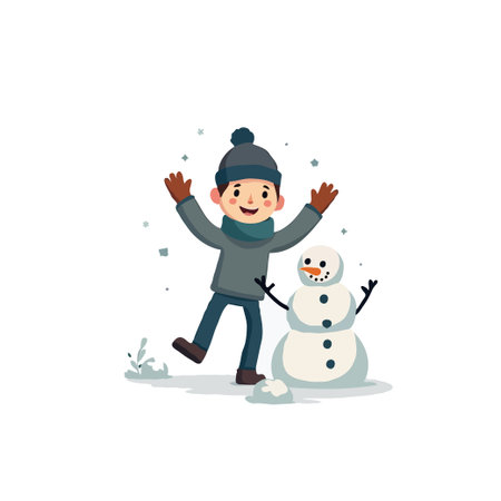 A cheerful boy clad in winter attire joyfully raises his arms while standing beside a snowman, set against a bright backdrop. The snowy scene creates a heartwarming moment showcasing winter delight,のイラスト素材