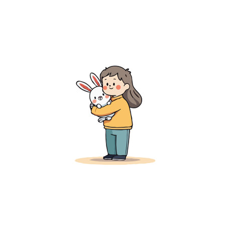 This is a charming cartoon illustration depicting a young girl lovingly embracing her white bunny. The image conveys a sense of friendship, tenderness, and the simple joy of connection between aのイラスト素材