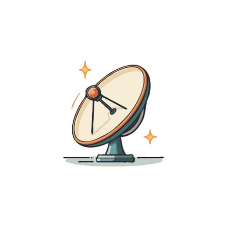 An isolated cartoon illustration showcases a satellite dish, symbolizing modern communication technology. Surrounded by glowing stars, it represents the transmission of signals and theのイラスト素材