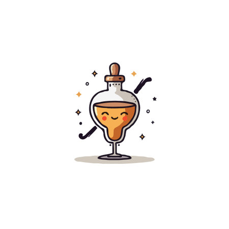 A charming cartoon illustration of a potion bottle with a smiling face, exudes joyful energy. Sparkling glimmers surround the beaker, suggesting the magical nature of the concoction and creating anのイラスト素材