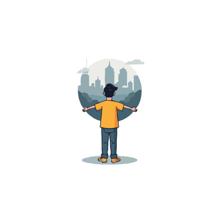 An illustration features a figure viewing a majestic city skyline with arms outstretched, embodying aspirations, ambition, and a hopeful outlook. The design promotes ideas of inspiration,のイラスト素材
