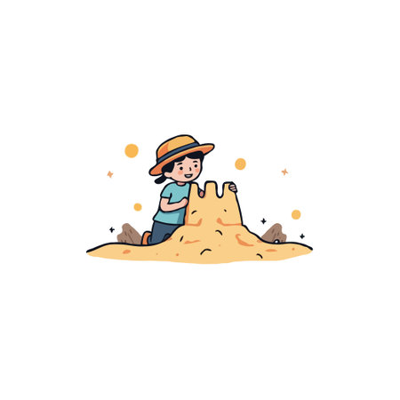 A cheerful girl wearing a hat is focused on her creation building a sandcastle on a sunny beach. The image evokes a sense of childhood joy, summer vacations, and carefree fun enjoying the seasideのイラスト素材