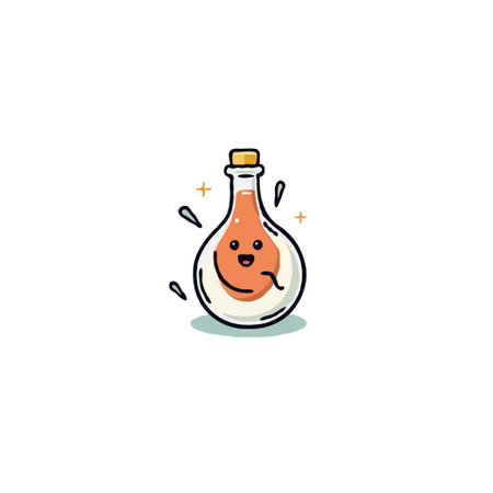 This delightful cartoon image presents a potion bottle filled with a bubbly liquid and a cheerful face inside. The illustration creates a sense of whimsy and playful magic, making it suitable forのイラスト素材