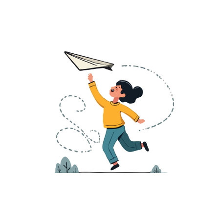 A whimsical illustration depicts a girl leaping with joy as she chases a paper airplane. Symbolizing youthful ambition and the boundless possibilities of dreams. The scene inspires hope andのイラスト素材
