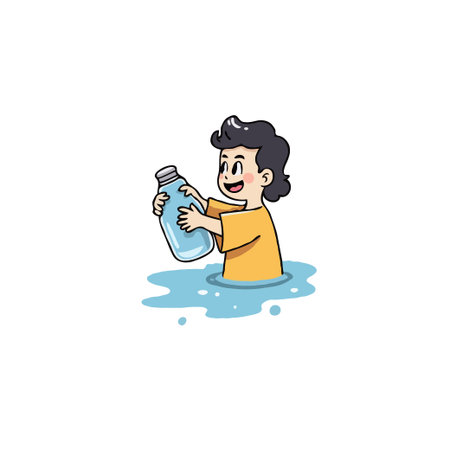 A cartoon illustration showcases a joyful boy holding a clear water bottle, standing in a pool of water. The simple, colorful artwork evokes a sense of happiness, refreshment, and carefreeのイラスト素材