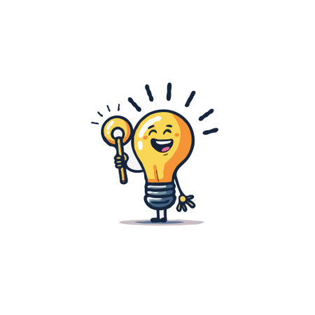 A lightbulb character with a smiling face holds a key, symbolizing unlocking potential and imaginative concepts. This whimsical design brings energy and happiness to illustrating innovativeのイラスト素材