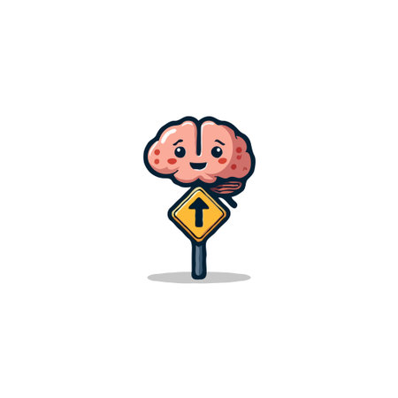 A cheerful cartoon brain character positioned above a road sign with an upward-pointing arrow, suggesting ideas of intellectual direction, smart decision-making, and the pursuit of knowledge,のイラスト素材