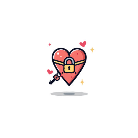 A charming cartoon illustration features a heart shape protected by a gold padlock and unlocked with a key. This image is perfect for representing the concepts of love, security, commitment, andのイラスト素材