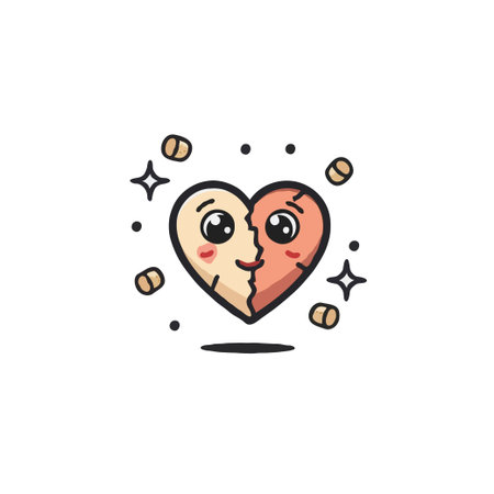 A charming cartoon illustration shows a heart with two distinct sides and faces. Each half has its own color, beige and pink, and expression, creating a visual metaphor for mixed feelings, orのイラスト素材