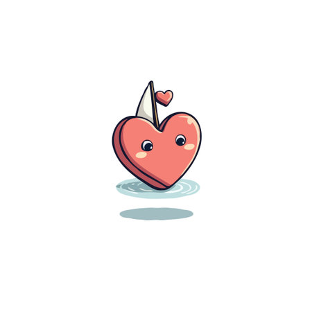 A heart-shaped sailboat gently navigates on calm waters, its endearing eyes reflect a serene and joyful journey, embodying the essence of affection and romantic exploration. The adorable cartoonのイラスト素材