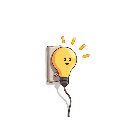 A charming cartoon illustration featuring a light bulb plugged into a wall socket, radiating light...