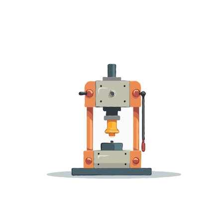 An illustration of an industrial press is set against a white backdrop. The press features orange...