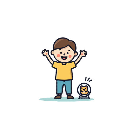 This charming illustration depicts a cartoon boy with a gleeful smile, arms raised in joyful abandon. A hamster in its spinning wheel adds a touch of playful activity to the scene, conveying a senseのイラスト素材