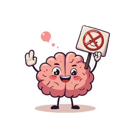 A charming brain cartoon character holding a stop sign to represent the significance of protecting mental wellbeing and maintaining focus. This image promotes the importance of clear thinking,のイラスト素材