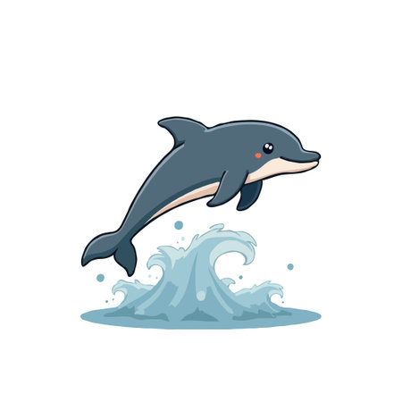 This delightful illustration features a cute cartoon dolphin joyfully leaping over a wave. With its smiling expression and simple design, it captures the playful essence of marine life. This isのイラスト素材