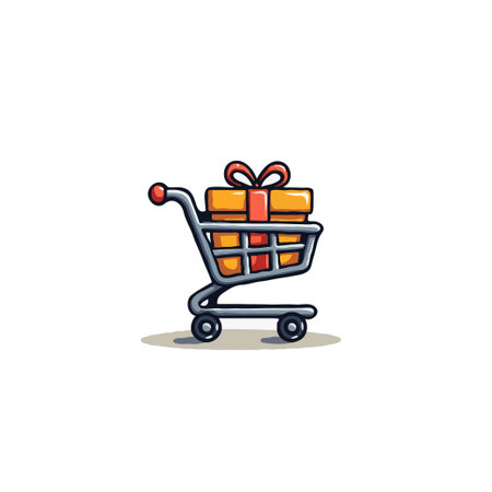 A delightful image showcasing a stylized shopping cart carrying a charmingly wrapped present. Ideal for conveying themes of online retail, holiday shopping, gift giving, and celebratory occasions,のイラスト素材
