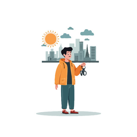 A cheerful young man stands confidently against a backdrop of modern city buildings, holding a set of keys. The bright sunlight adds a sense of optimism, symbolizing new opportunities, progress, andのイラスト素材