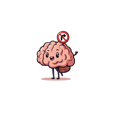 Illustration of a cheerful brain character standing with a no right turn traffic sign on its head. It represents the concept of mental blocks, cognitive barriers, or difficulty in thinking clearly.のイラスト素材