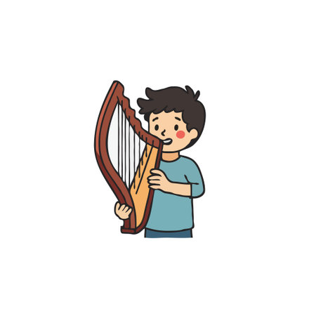 This charming cartoon depicts a cheerful boy engrossed in playing the harp. His playful expression and the instrument's elegance highlight the joy of music and youthful artistic expression. Thisのイラスト素材