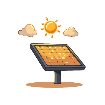 A cartoon-style illustration featuring a solar panel capturing sunlight with fluffy clouds nearby, symbolizing the importance of renewable energy and sustainable practices for a cleaner, brighterのイラスト素材