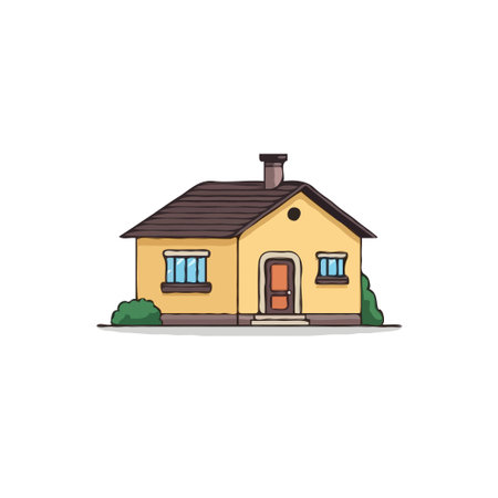 A charming and simplistic cartoon illustration portrays a quaint, one-story house. The dwelling features clean lines, a brick chimney, and manicured hedges, encapsulating the essence of suburbanのイラスト素材