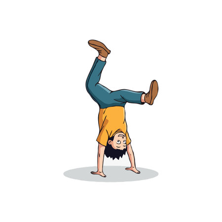 A vibrant cartoon illustration showcases a young person confidently executing a handstand. The dynamic pose, combined with the casual attire, suggests a playful and spontaneous moment of fitness andのイラスト素材