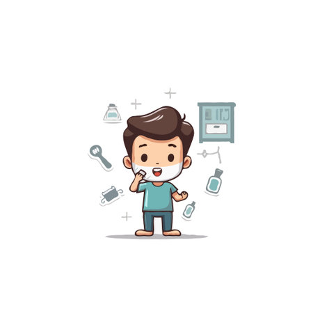 A delightful cartoon image shows a young boy amidst his shaving routine. He is surrounded by a collection of grooming products, with his face covered with shaving cream. He seems happy and he isのイラスト素材