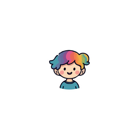 A cheerful cartoon of a child features rainbow-colored hair, reflecting joy and innocence. The design is simple yet engaging, perfect for conveying themes of youthfulness, happiness, and creativity.のイラスト素材