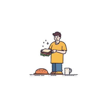 Illustration featuring a man holding a stack of sandwiches in a simply designed scene. A loaf of bread and a mug suggest a meal preparation setting, conveying a feeling of nourishment andのイラスト素材