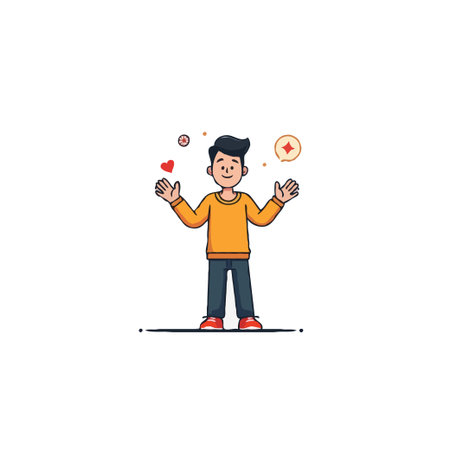 A vibrant cartoon character stands with open arms, surrounded by floating icons representing emotions and digital content. The illustration conveys a sense of connection, interaction, and modernのイラスト素材