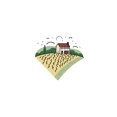 Stylized illustration of a house nestled among a vineyard on rolling hills captures the essence of rural living. It offers a peaceful escape, ideal for tourism advertising, conveying tranquilityのイラスト素材
