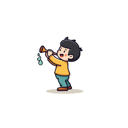 An endearing illustration of a child fully absorbed in the joy of musical expression. Depicted playing a wind instrument, a water droplet accentuates a sense of carefree delight. The artworkのイラスト素材