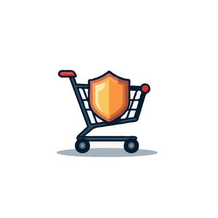 A conceptual illustration showing a shopping cart with a shield inside, representing secure online transactions, data protection, and consumer trust. It suggests safe e-commerce and reliableのイラスト素材
