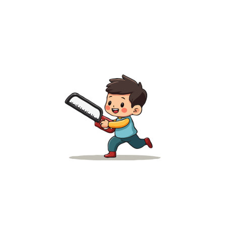 A whimsical illustration of a young boy joyfully running with a saw. This engaging cartoon captures the essence of childhood curiosity and playful exploration, making it suitable for variousのイラスト素材
