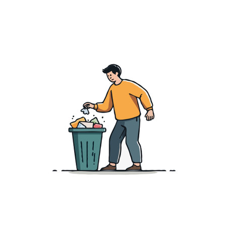 An illustration depicts a person disposing of crumpled paper into a recycling bin, emphasizing environmental awareness and responsible waste management practices. This image promotes consciousのイラスト素材