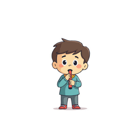 This is a cartoon illustration showcasing a young boy playing a small musical instrument. The cheerful design exudes joy and innocence, perfect for conveying concepts related to childhoodのイラスト素材