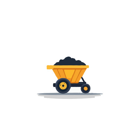 A simple illustration of a mining cart filled with a dark substance, such as coal. The design uses bright yellow against a white backdrop, highlighting the cart's form and function. Ideal forのイラスト素材