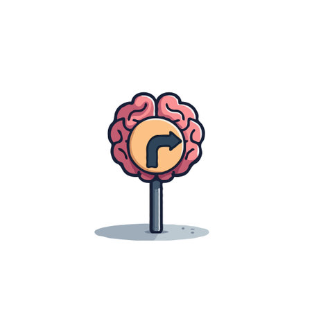 A stylized brain-shaped sign displays a right-turn arrow, symbolizing the ability to make informed decisions and navigate complex cognitive processes with creative intelligence. Illustratingのイラスト素材