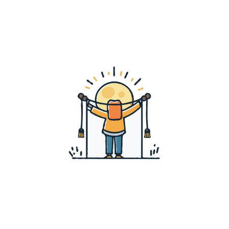 A simple yet thought-provoking illustration portraying a person holding and managing energy cables in front of a large sun, representing the balance between energy production and responsibility.のイラスト素材