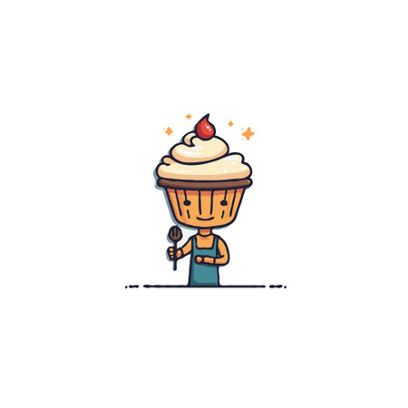 A cartoon image represents a confectionery chef that is a cupcake, with a cheerful expression, holding a spoon and a cherry on top, perfect for projects that require playfulness and sweetnessのイラスト素材