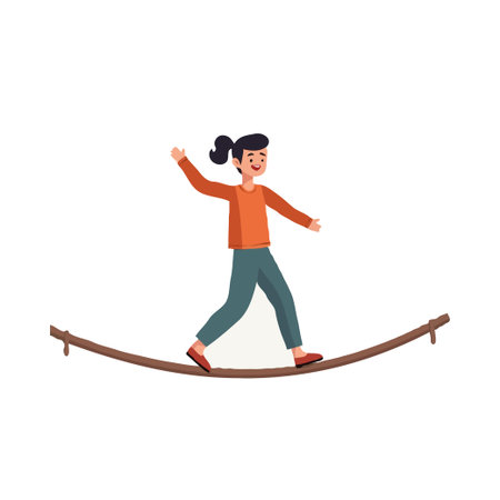 A cheerful young girl balances on a tightrope, displaying focus and courage as she navigates the narrow path with careful steps. This vector graphic symbolizes control, determination, and youthfulのイラスト素材