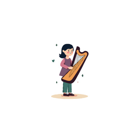 A delightful vector illustration portrays a young girl gently cradling a golden harp, expressing the joy of music. The artwork captures a moment of youthful engagement, creating a sense of melodicのイラスト素材