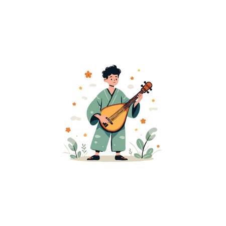 A young boy in a traditional kimono is depicted playing a stringed musical instrument. He is immersed in performance, perhaps during a cultural event. The illustration captures the youthful joy ofのイラスト素材